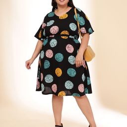 Sztori Women Plus Size Polka Dots Printed Tie-Ups A-Line Dress-picture-4