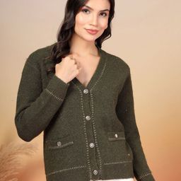 R.Code by The Roadster Life Co. Women Solid V-Neck Woollen Cardigan Sweater-picture-47