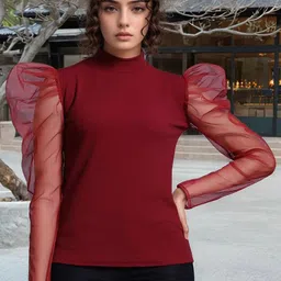 VANGULL Women Ribbed High Neck Puff Sleeves Fitted Top-picture-39