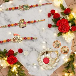 MEIRA JEWELLERY 3-Pcs Kundan Studded Thread Rakhi With Greeting Card & Roli Chawal-picture-27