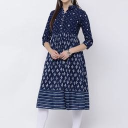 Vishudh Women Navy Blue & White Printed A-Line Kurta-image-7