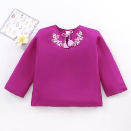 Babyhug Full Sleeves Solid Rayon Top With Draw-String And Embroidery Detailing- Purple-image-85