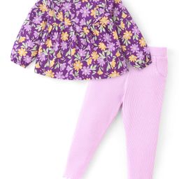 Babyhug 100% Cotton Knit Full Sleeves Top & Lounge Pant With Floral Print - Purple & Pink-image-47