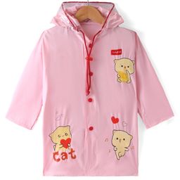 Babyhug Full Sleeves Below Knee Length Hooded Raincoat Cat Print - Pink-image-89