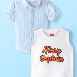 Babyhug Cotton Half Sleeves Striped Kurta Shirt with Printed Inner T-Shirt - Light Blue & White-image-103