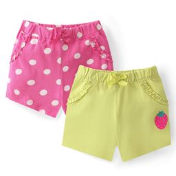 Babyhug Single Jersey Cotton Knit Mid Thigh Length Polka Dots & Strawberry Print Shorts Pack of 2 - Pink & Green-image-63