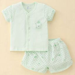 Pink Rabbit Single Jersey Knit Half Sleeves Shorts Set Checkered & TeddyPrint - Mint Green-image-58