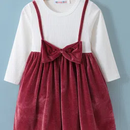Kookie Kids Full Sleeves Frock WithBow Detailing - White & Wine-picture-40