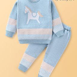 Babyoye 100% Cotton Knitted Full Sleeves Sweater Set with Horse & Chevron Design - Light Blue-image-91