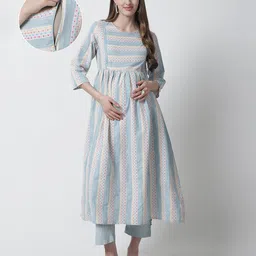 Moms Maternity Three Fourth Sleeves Striped Kurta With Concealed Zipper Nursing Access & Trousers Set - Sea green-picture-9