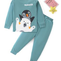 BLUSHES 100% Cotton Knit Full Sleeves Penguin Printed Night Suit - Olive Green-image-17