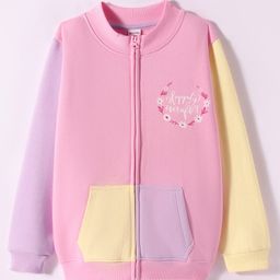 Kookie Kids Terry Knit Full Sleeves Floral Printed Sweatjacket with Kangaroo Pockets - Pink Purple & Yellow-image-20