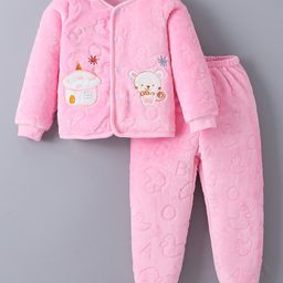 Kookie Kids Full Sleeves Front Open Winter Wear T-Shirt & Lounge Pant Set with Bear Patch - Pink-picture-29
