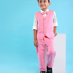 Dapper Dudes Full Sleeves Abstract Printed Shirt With Solid Waistcoat Bow Cap & Pant Set - Pink-picture-32