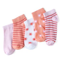 Honeyhap Premium Cotton Bamboo Spandex   With Bio Finish Striped & Designed Socks Pack of 5 - Peach Nectar Bright White & Pink Salt-image-98
