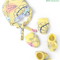 Babyoye Interlock Knit with Eco Jiva Finish Cap Mittens & Booties With Sea Animals Print - Yellow-picture-2