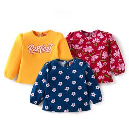 Babyhug Cotton Knit Full Sleeves T-Shirts With Floral & Text Print Pack of 3 - Navy Blue Yellow & Maroon-image-53