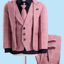Rikidoos Full Sleeves Checked 4 Piece Party Suit With Tie - Onion Pink-image-71