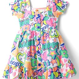 Dew Drops Cotton Woven Half Sleeves Front Open Frock With Happy Print - White-image-94