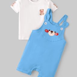 Mark & Mia Interlock Knit Half Sleeves T-Shirt And Dungaree Set With Teddy Print - Light Blue & White-image-2