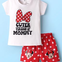 Babyhug DisneySingle Jersey Knit Half Sleeves Shorts Night Suit with Minnie Mouse Graphics - Red & White-image-74