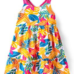Babyhug Cotton Woven Sleeveless Frock with Tropical Theme Print - Yellow Pink & Blue-image-14