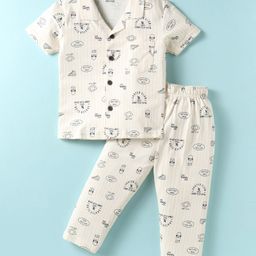 Smarty Boys Sinker Knit Half Sleeves Co-Ord Night Suit Skateboarding Print - Cream-image-91