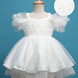 Mark & Mia Woven Cold Shoulder Sleeves Party Dress with Pearl Detailing - White-image-66