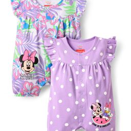 Babyhug Disney Interlock Knit Half Sleeves Rompers with Polka Dot Design Floral Print & Minnie Mouse Graphics Pack of 2 - Lilac-image-18