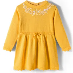 Babyoye 100% Cotton Knit Full Sleeves Woollen Dress with Floral Embroidery - Yellow-picture-21