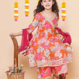 Bitiya By Bhama Silk Woven Three Fourth Sleeves Floral Printed Gota Lace Embellished Kurta Sharara With Dupatta Set - Orange-image-5