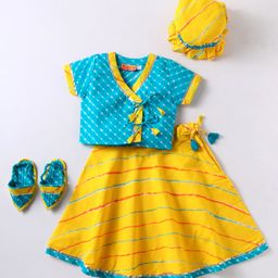 Exclusive from Jaipur Cotton Woven Half Sleeves Striped Choli Lehenga Set with Hat & Mojari - Yellow-image-94