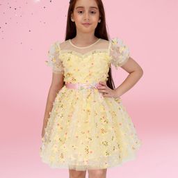 Cutecumber Net Knit Half Puffed Sleeves Butterfly Applique Detailed Dress - Yellow-image-31
