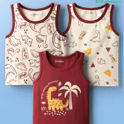 Babyoye 100% Cotton Knit Sleeveless Vests With Dino Print Pack of 3 - Cream & Maroon-picture-19