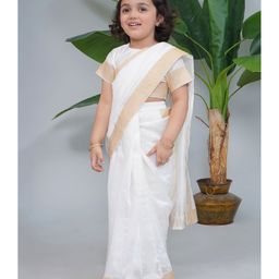 Little Bansi Silk Woven Foil Printed Saree With Half Sleeves Blouse - Cream-image-26
