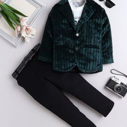 Fourfolds Velvet Woven Full Sleeves Hope Text Printed Tee & Pant With Foil Striped Blazer Set - Green-image-87
