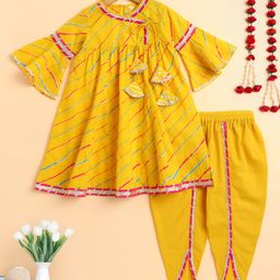 The Magic Wand Cotton Woven Half Bell Sleeves Leheriya Printed Kurti Dhoti Set - Yellow-image-94