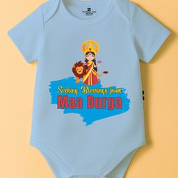 The Peppy Tend 100% Cotton Knit Durga Puja Theme Half Sleeves Seeking Blessings From Maa Durga Text Printed Onesie - Blue-picture-42