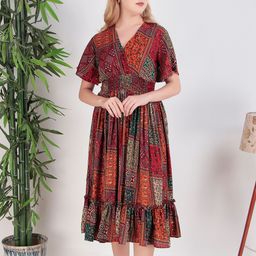 DARVI Women Print Flared Sleeves V Neck Smocked Fit and Flare Midi Dress-image-13