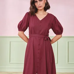 AND Maroon V Neck Short Sleeves Puff Sleeve A-Line Dress-picture-56