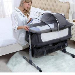 fab n funky 3 in 1 Baby Bed Side With Bassinet Detachable Mosquito Net & Hight Adjustable comes with Wheel & Mattress - Grey image 4