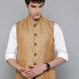 Louis Philippe Men Beige Slim Fit Woven Design Nehru Jacket-54