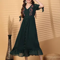 ARDITA Women Embroidered Puff Sleeve Chiffon Fit and Flare Maxi Dress-image-90