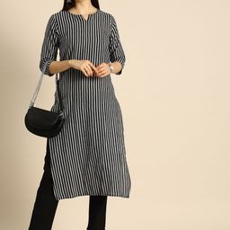 Anouk Women Grey & Black Striped Pure Cotton Kurta with Trousers-50