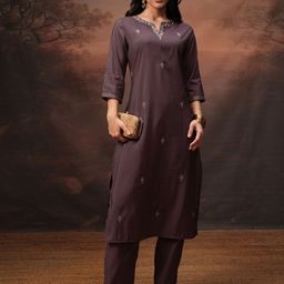 Vishudh Burgundy Embroidered Round Neck Three-Quarter Sleeves Tunic & Trouser-picture-13