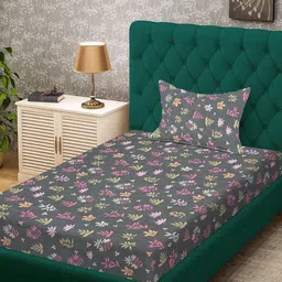KLOTTHE Grey Floral 300 TC Single Bedsheet with 1 Pillow Covers-image-69