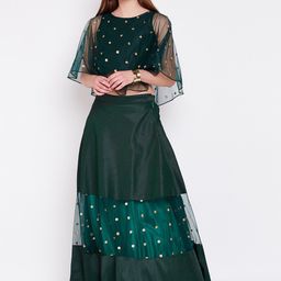 studio rasa Green & Gold-Toned Sequin Embroidered Net Cape Crop Top image 3