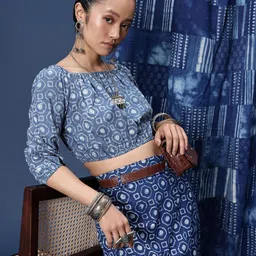 Taavi Indigo Ethnic Motifs Printed Puff Sleeve Pure Cotton Crop Top-picture-16