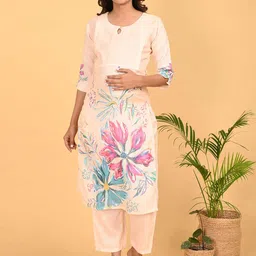 GOLDSTROMS Women Floral Printed Linen Kurta with Trousers-picture-43