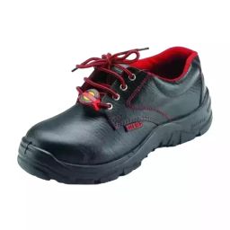 Udyogi Composite Toe Safety Shoes Low Ankle PU Sole Double Density Black Printed Leather Size UK 9, Edge Red EX-image-33
